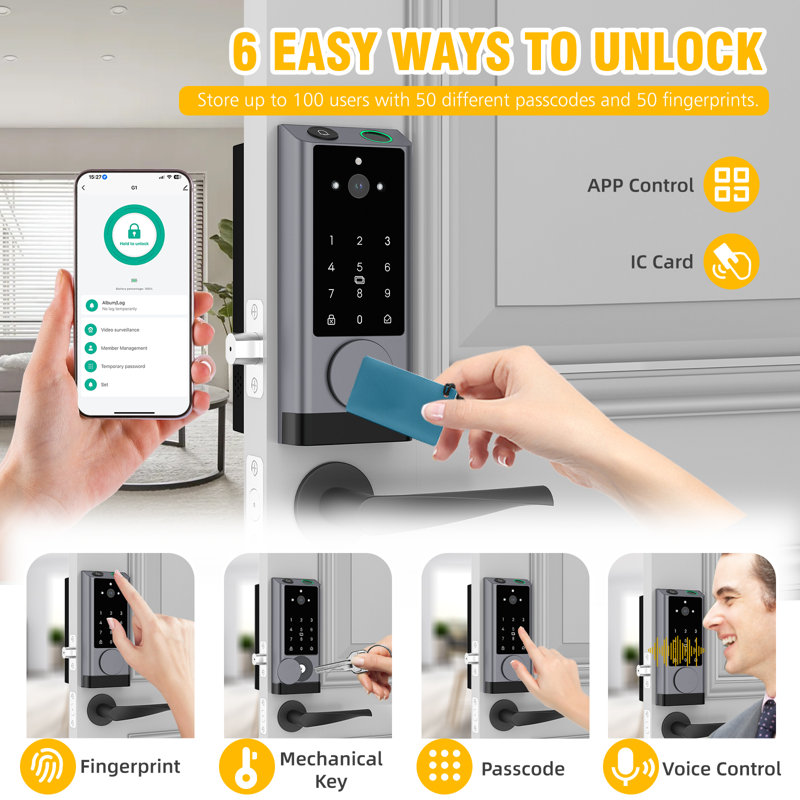 6-in-1 Smart Locks Keyless Touchscreen Deadbolt fingerprint APP Remote Control Electronic Door Locks, Polished Chrome