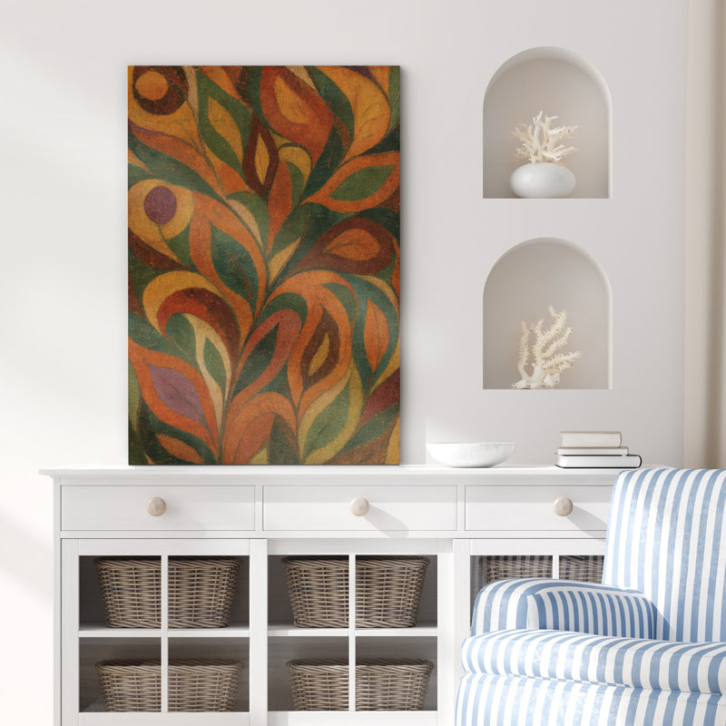 Motif rétro de feuilles, terre chaude, impression sur toile encadrée, H 18 po x l 12 po, Toile tendue, Ne s’applique pas