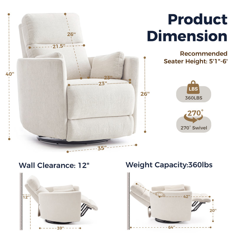 Fauteuil inclinable électrique pivotant en chenille avec dossier et repose-pieds indépendants, deux coussins décoratifs et port de charge de type C