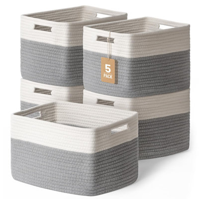 5 Pack Woven Storage Baskets for Shelves, Decorative Basket Closet Organizer Storage Bins  – Cotton Rope Shelf Baskets for Organizing and Decor, Gray & White