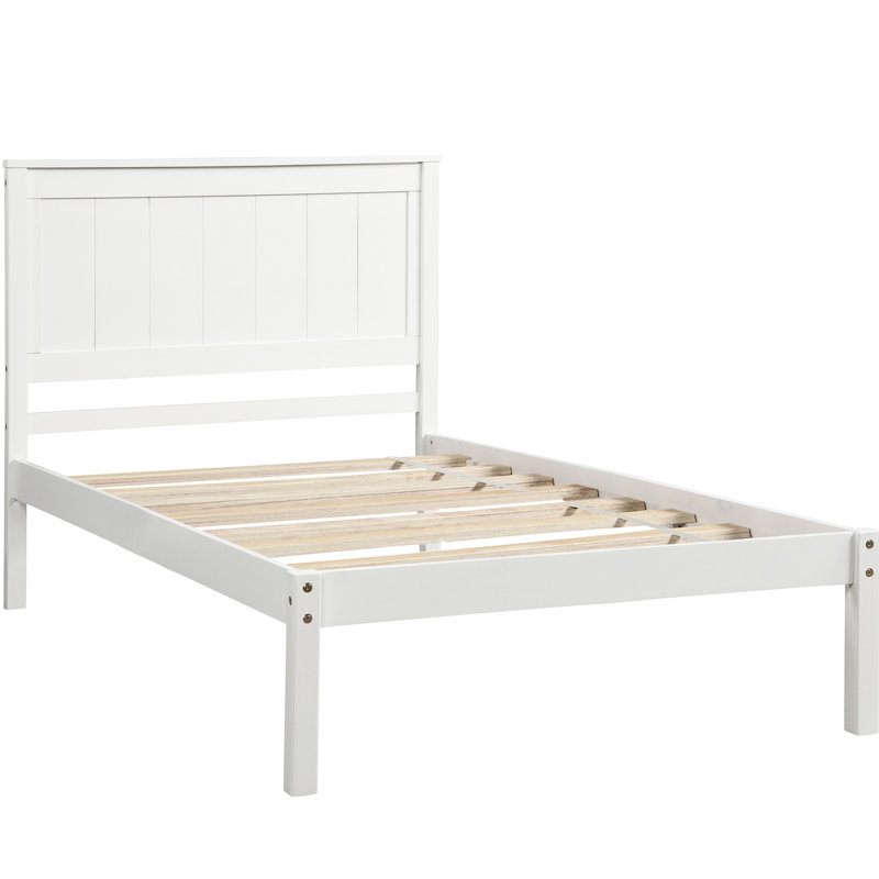 Lit plateforme simple avec tête de lit, support de lattes en bois stable, sans sommier, structure accompagnée de tête de lit à abat-jour blanc, lattes,
