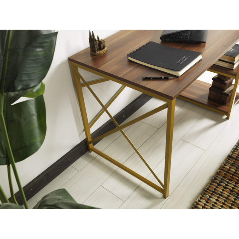 Computer Desk, 28" H x 25" W x 47" D, Walnut/Golden