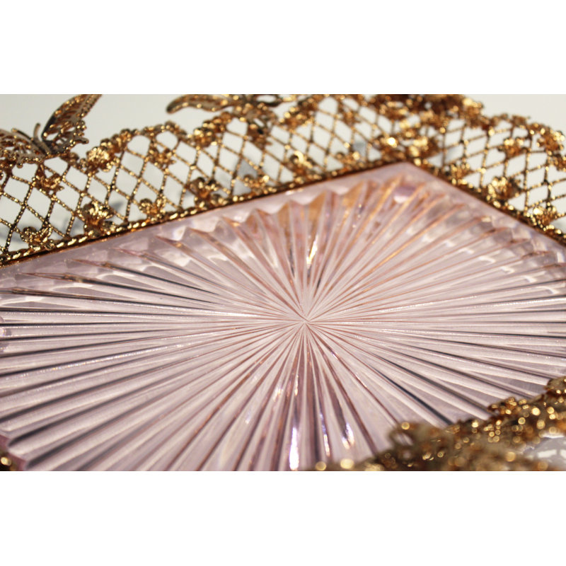 Glorieux Hand-Engraved Pink Crystal Tray with Gold Brass Butterflies