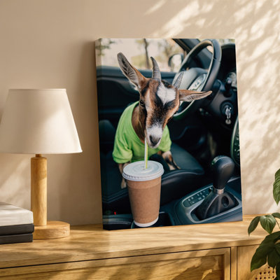 Toile, une jeune chèvre ludique portant une chemise vert vif, art mural sur le siège avant d'une voiture