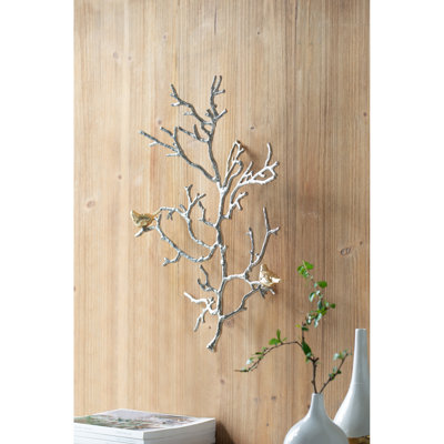 2 17X5.5X22" Metal Branch Wall Art With Bird Details. Infuse Tranquility In Modern. Silver And Gold Blend For Home. Aluminum Made Sculptures . Modern Style Tranquility. Branches & Golden Birds