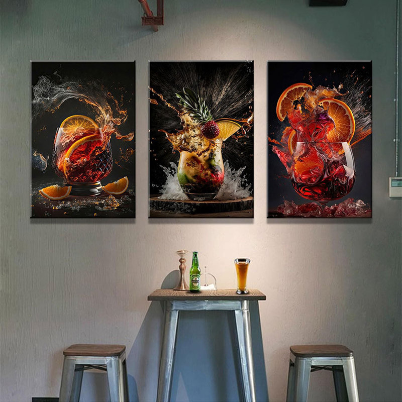 3-Piece Framed Canvas Wall Art Wrapped Canvas Cocktail Drink Posters, High-Definition Bar Art Prints, Modern Alcohol Beverage Artwork, Liquor Splash Photography Pictures, Unique Bartender Decor For Home, Kitchen, Lounge, And Bar