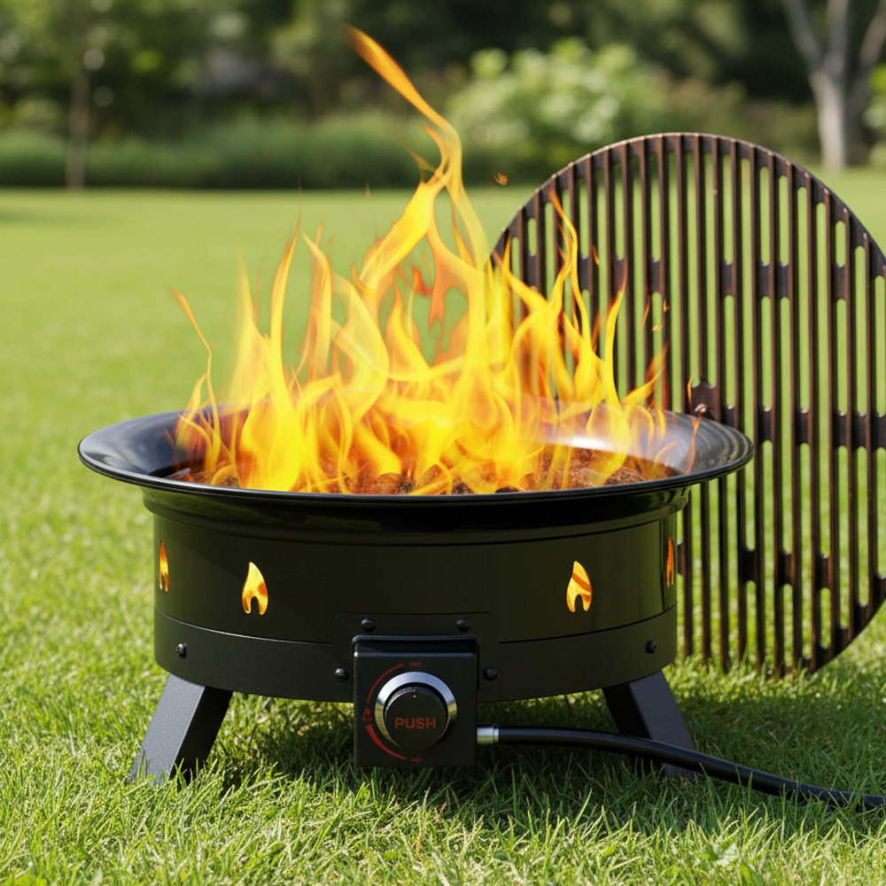 Portable Propane Fire Pit with Grill Grate & Tabletop Lid, Outdoor Fire pit, 58,000 BTU Heat, Available in 24-inch& 19-inch Sizes Dreamsmith 
