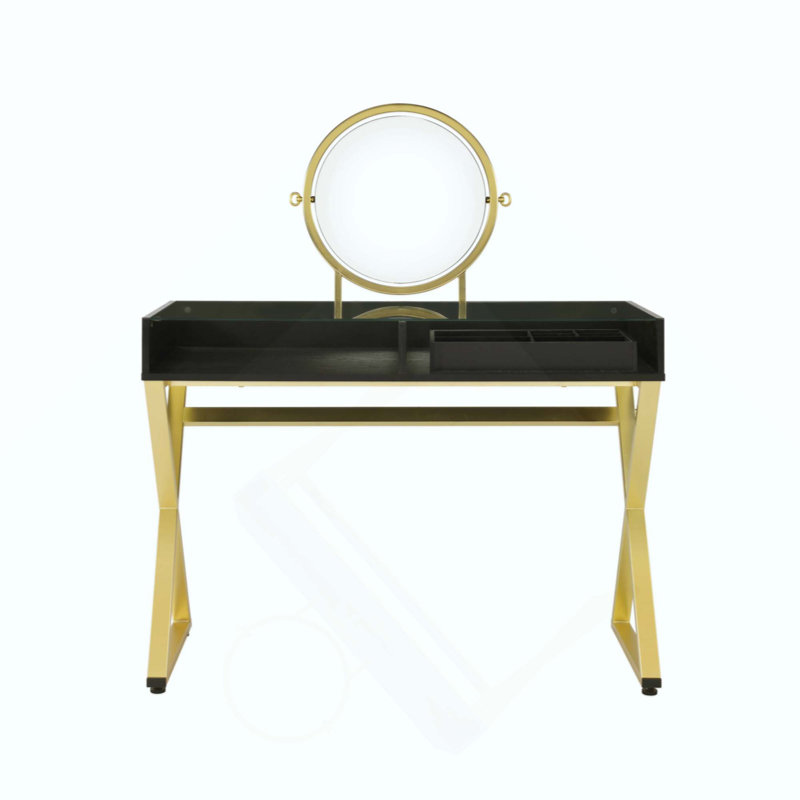 Bureau de coiffeuse avec miroir et plateau à bijoux, parfait pour les chambres à coucher modernes et les postes de maquillage organisés.