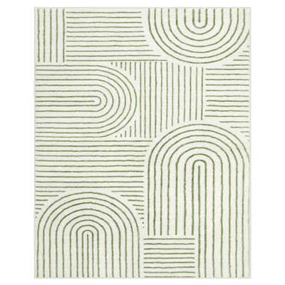 Celeta Washable Abstract Japandi Rainbow Striped Green Area Rug - Colorful Modern Carpet for Living Room, Bedroom, or Office Decor