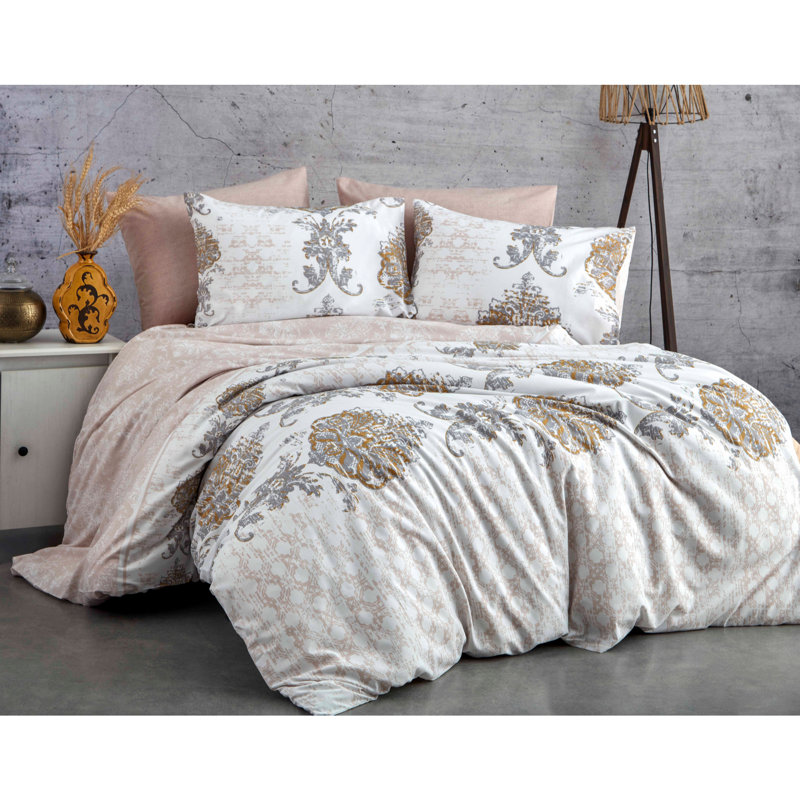 Ensemble de housse de couette simple Luxury Ranforce, 100% coton, housse de couette 61 x 79 et taie d'oreiller 19,7 x 31,5 | Lavable à la machine à 86 ° F, 140 fils, fermeture à boutons | Design élégant brun, blanc et gris pour les chambres confortables