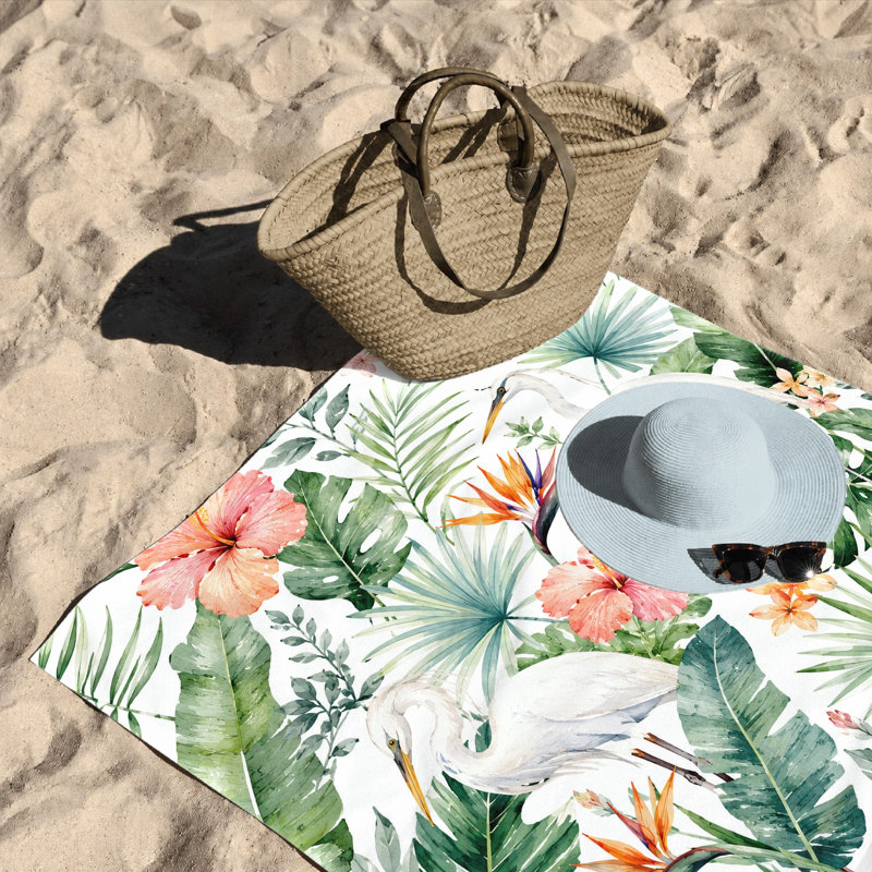 1PCS Tropical Bird Beach Towel with Hibiscus and Palm Leaves, Great for, Travel, Poolside Escapes, Artistic Watercolor Design