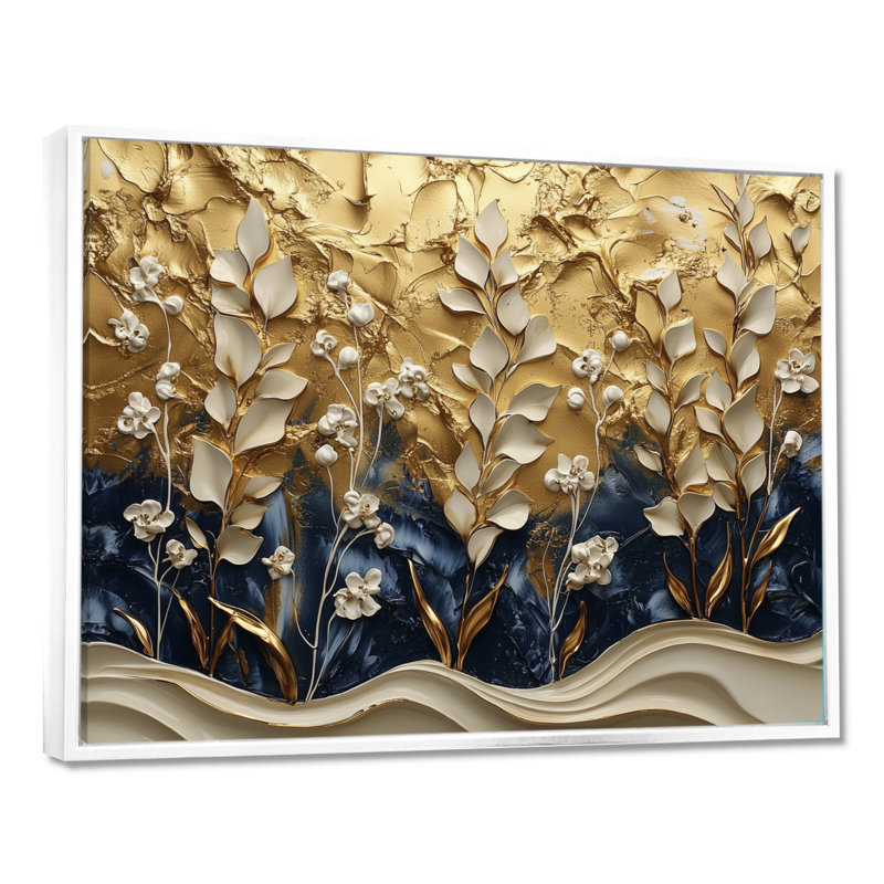 Or blanc, harmonie, herbes, art mural encadré, H 34 po x l 44 po, Cadre flottant, Blanc