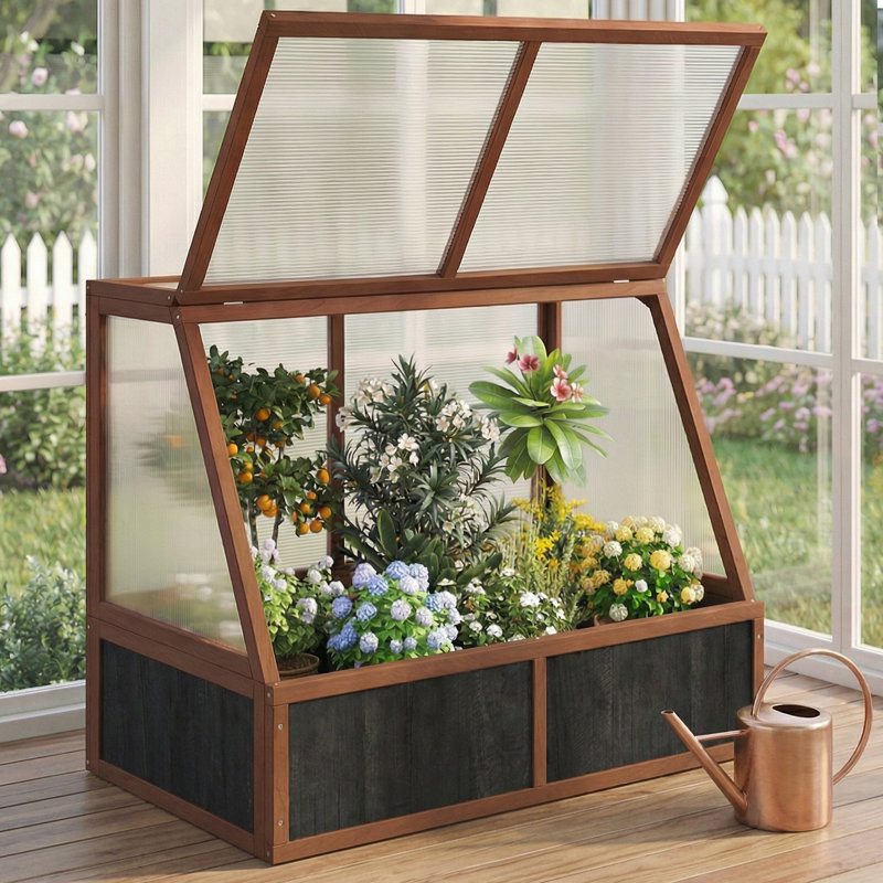 Wooden Cold Frame Greenhouse, Garden Solid Wood Greenhouse Cabinet with Transparent Flip, Raised Flower Seedlings Plants Shelf Protection for Outdoor Indoor, One Divides Into Two