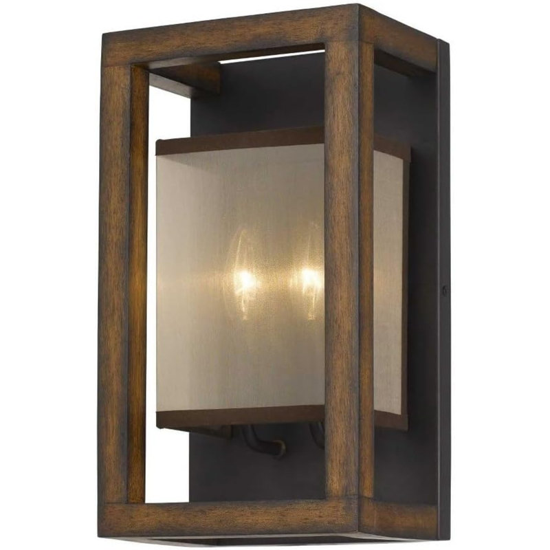 Mission Rubber Wood Metal Wall Sconce With Organza Shades 14"H