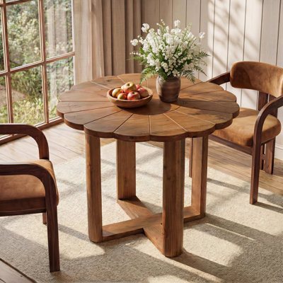 31.5-Inch Round Dining Table with Carved Floral Pattern, Solid Wood Farmhouse Kitchen Table for 2-4, Small Dining Table for Dining Room, Apartments, Small Place