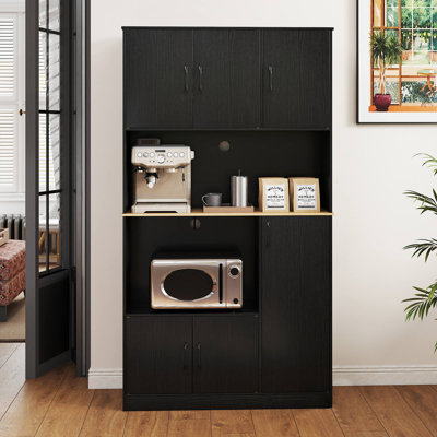 71" Tall Kitchen Pantry Cabinet with Charging Station Microwave Stand & Doors Black
