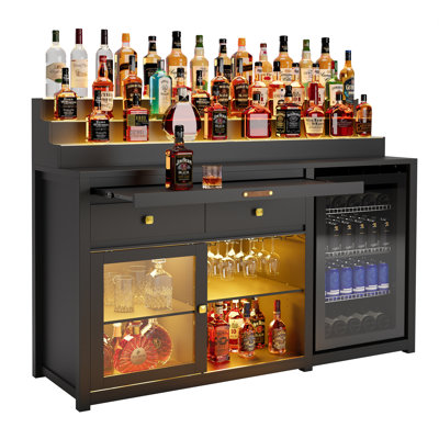 60.2-Inch Home Bar Cabinet with Fridge Space, 3-Tier Display, Black