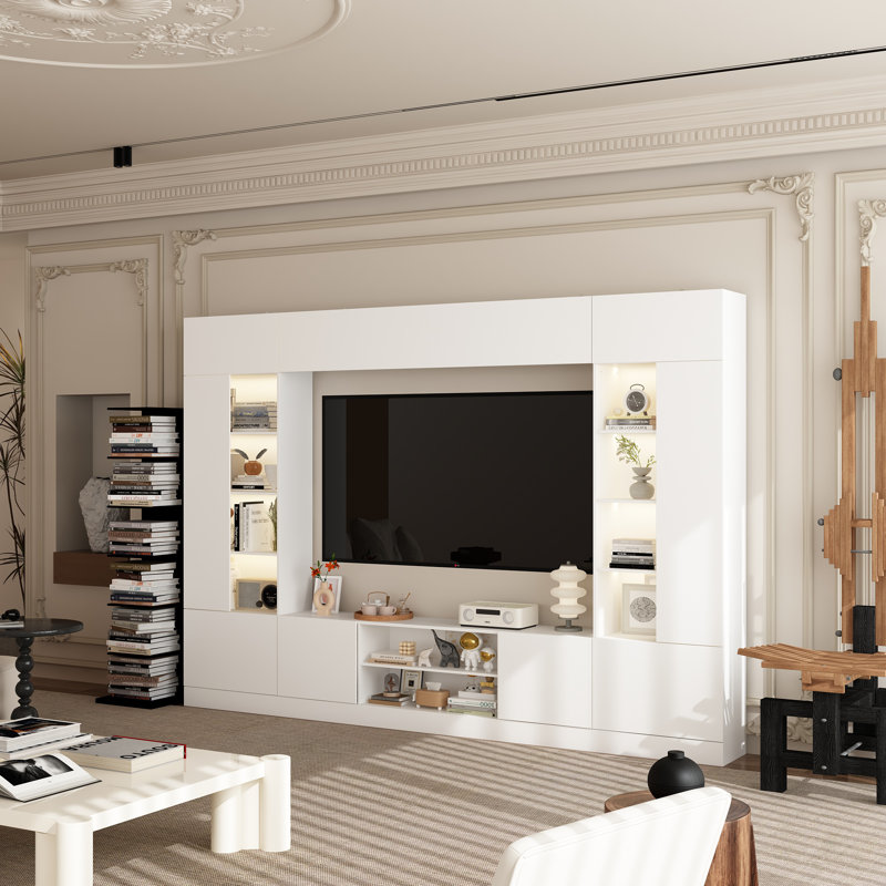 114.2" W Entertainment Center with LED Lights, Bookcases, Cabinets, and Open Shelves, White