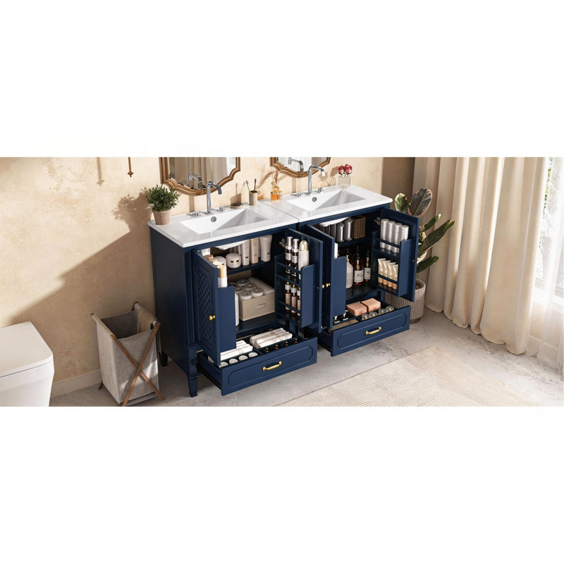 Ensemble de meuble-lavabo 60 po avec lavabo double 60 po, 2 armoires avec porte et 2 tiroirs, Bleu