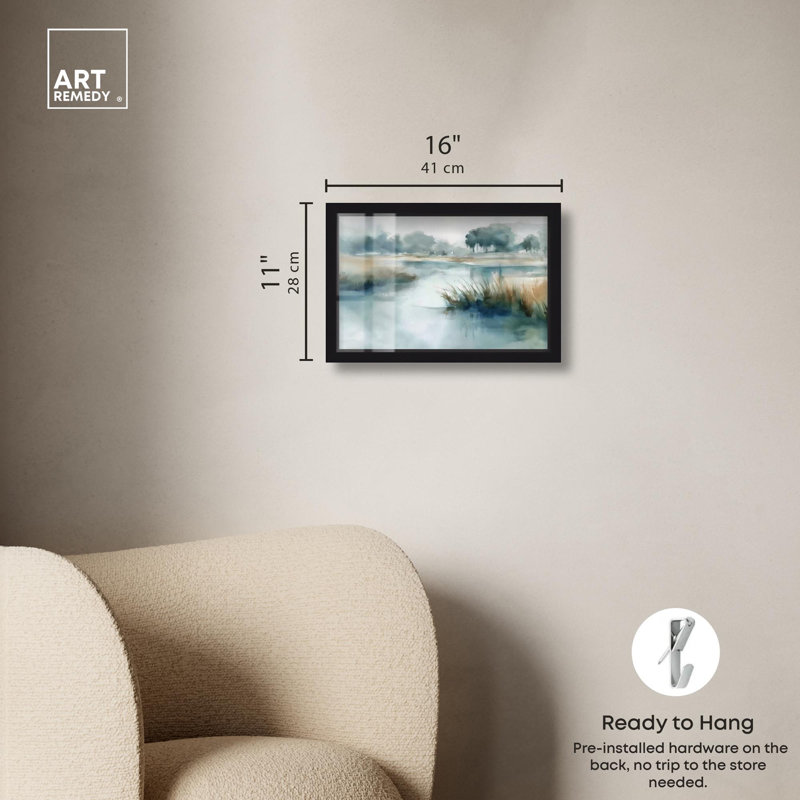 «Hazy River I Landscape Art Shadowbox Print» par Art Remedy, H 11 po x l 16 po, Noir