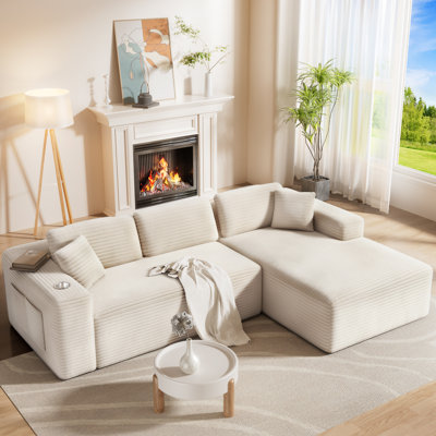 Boneless 108" Cloud Modular Sectional Sofa With Chaise, Deep Seat Corduroy Boneless Couches With 4 Storage Pockets & Tray