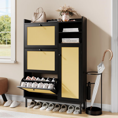 Rattan Shoe Cabinet with 3 Flip Drawers & 5-Tier Shelves, Freestanding Entryway Shoe Storage Organizer
