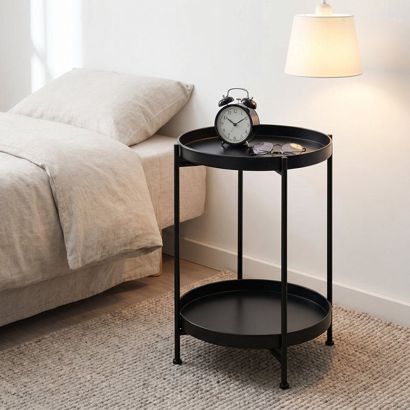 Table de bout ronde compacte en métal, table d'appoint avec rangement à 2 niveaux, petite table basse de 20,3 po de hauteur pour les petits espaces