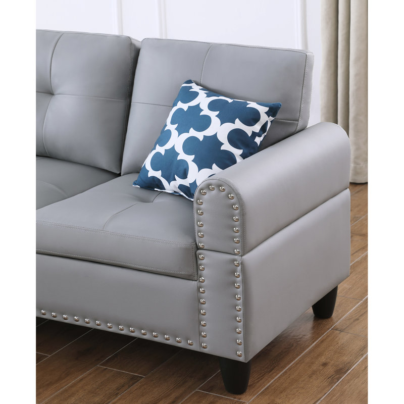 Canapé modulaire en L en similicuir 3 pièces gris pour des séances de cinéma et de jeu agréables, siège central escamotable avec porte-gobelets, deux coussins assortis avec rangement, coussins rembourrés de mousse à structure solide