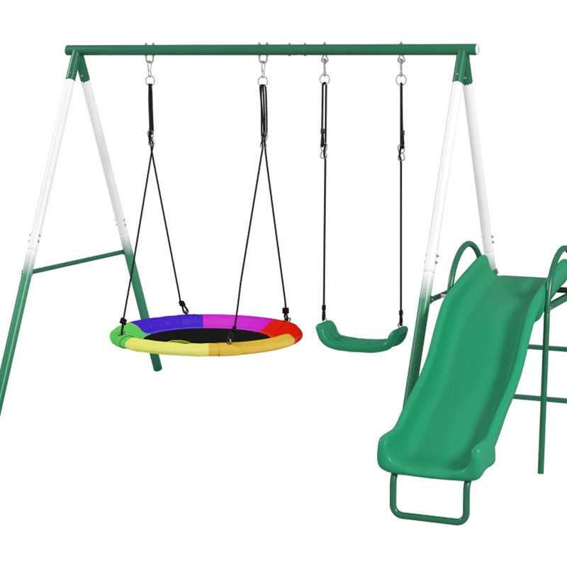 Balançoire multifonctionnelle avec structure en métal, balançoire à soucoupe, glissade de 5 pi et siège antidérapant, structure en A, cordes réglables, tissu pour jouer à l'extérieur, avec acier robuste et confortable, cordes