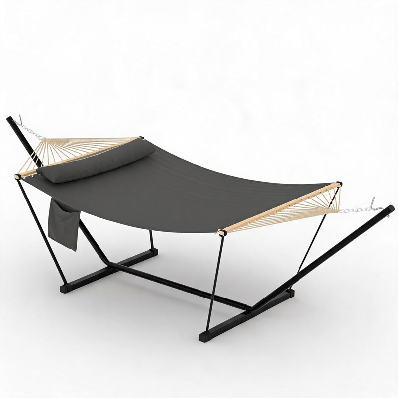 3.6m 2 Person Double Outdoor Hammock with Curved Wooden Spreader Bar, Dark Grey Hammock with Detachable Pillow Chains & T-Shaped Bracket, 204kg Weight Capacity