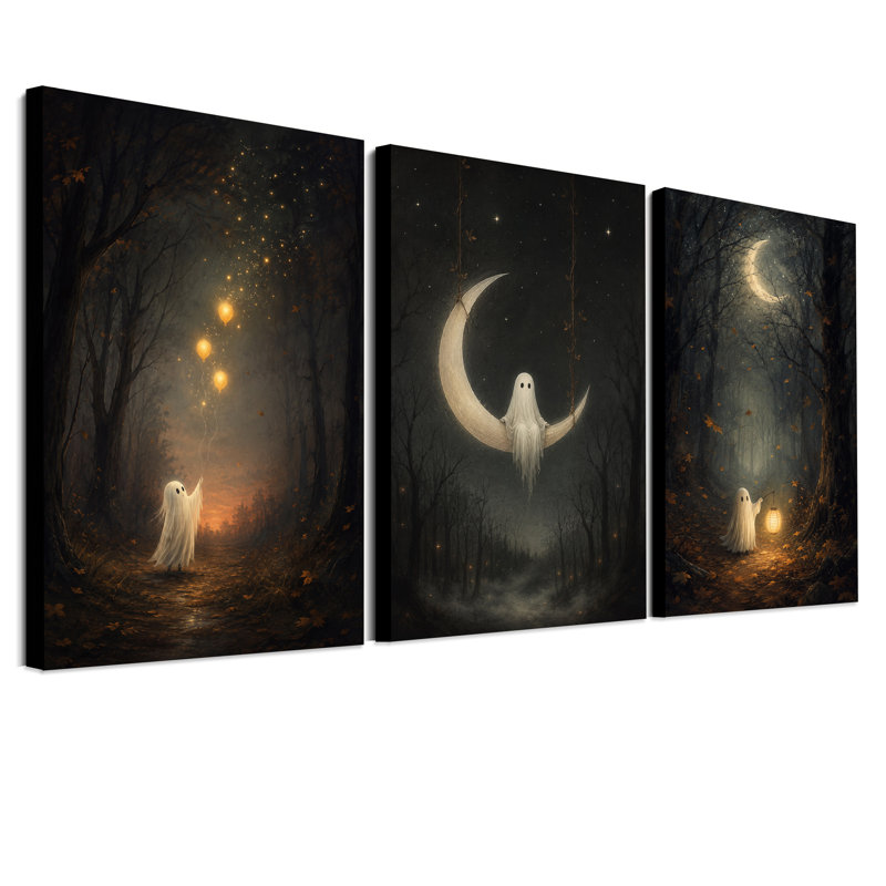 «White Ghost On Crescent Moon Swing» et ensemble de 3 toiles d'Halloween, 24"H x 16"W x 3pcs