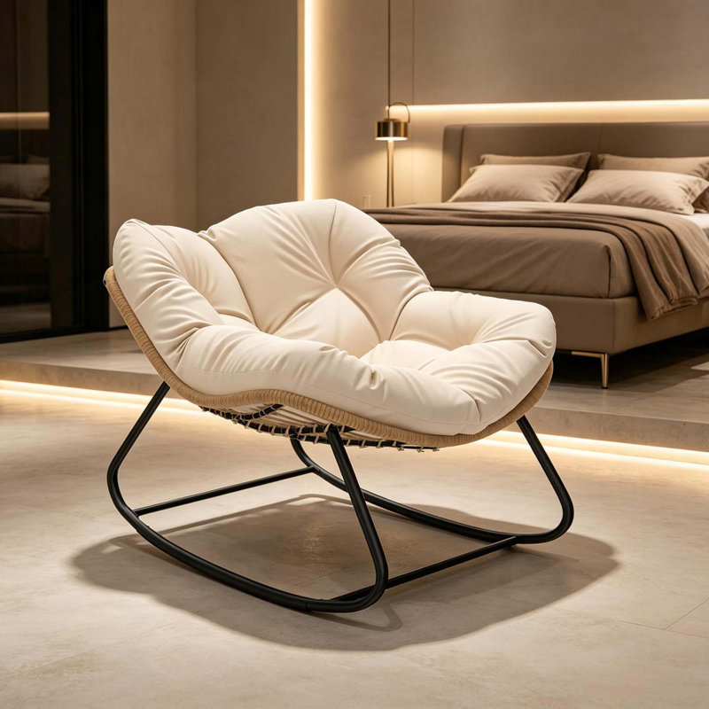 Fauteuil à bascule surdimensionné pour l'intérieur et l'extérieur avec coussin, Polyester blanc crème