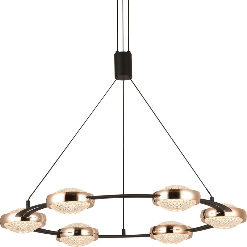 Lustre moderne à 6 lumières en forme de roue de chariot à DEL avec abat-jour ronds en acrylique noir et or