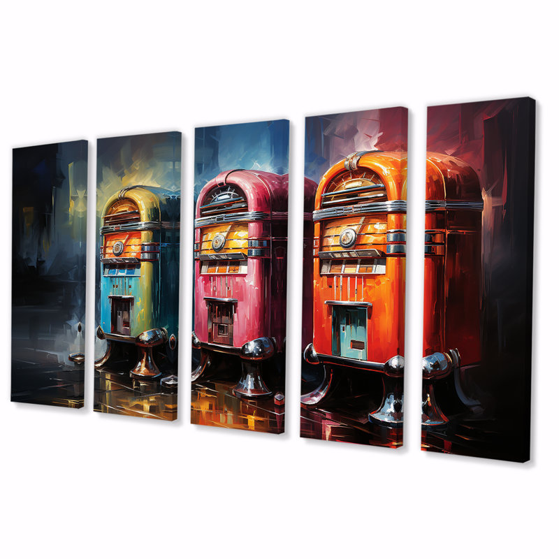 Coloful Modern Jukebox Jams II - Jukeboxes, art mural sur toile 5 pièces, H 32 po x l 80 po