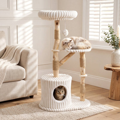Arbre à chat autoportant en bois massif de 104 cm avec de vraies branches et un couchage confortable, beige