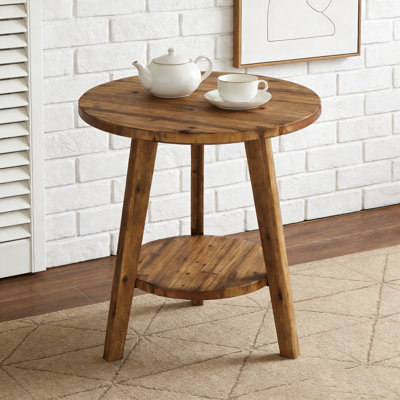 Farmhouse Solid Wood Round End Table with Storage Shelf