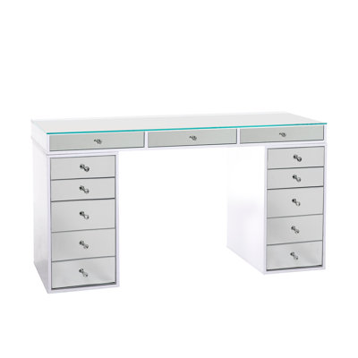 Bureau de coiffeuse avec plateau en verre transparent, 13 tiroirs, bureau de maquillage avec beaucoup de rangement Slay Station Pro 2.0
