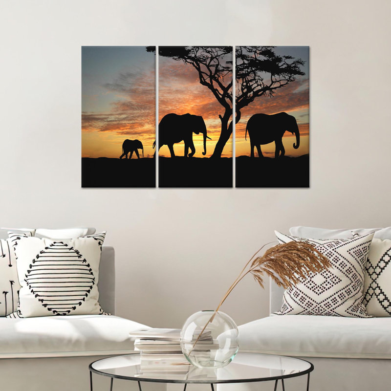 Safari, coucher de soleil: éléphant d'Afrique, reproduction d'art sur toile 3P, Hauteur : 35,4 pouces x Largeur : 70,9 pouces