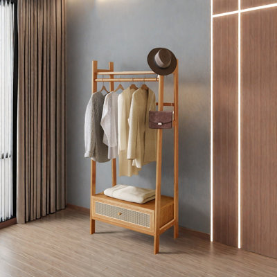 Ash Wood Coat Rack with Rattan Drawers