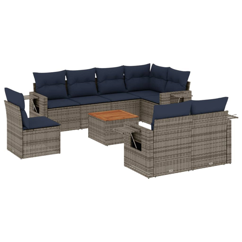Ensemble de canapé de patio 9 pièces avec coussins en rotin de polyester, Gris, Bleu très foncé