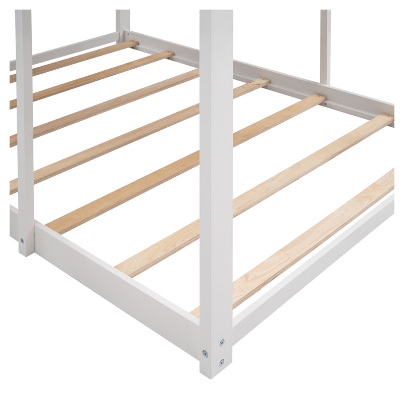 Lit superposé double au-dessus de double avec toit et fenêtre, structure de lit pour enfant en bois massif blanc avec échelle et garde-corps