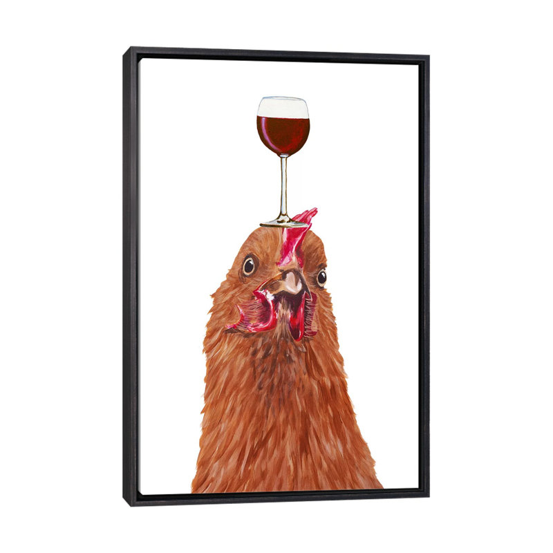 Poule avec verre à vin par Coco de Paris - reproduction d'art, Toile avec cadre noir patiné, Aucun mat