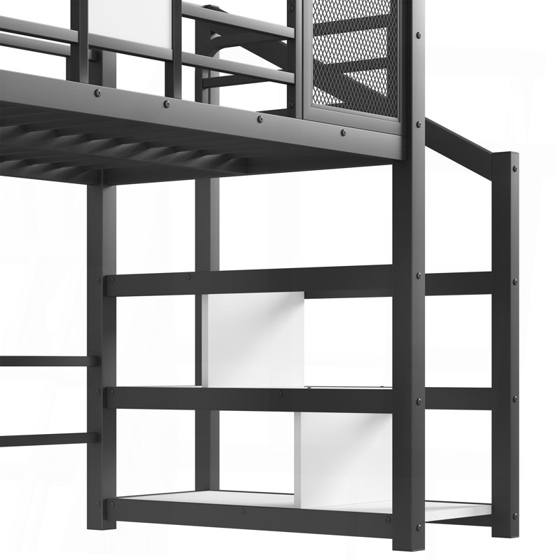 Twin House Loft Bed With Slide And Stairs, Metal Playhouse Bed With Storage Shelves, House-Shaped Roof And Noise-Free Design, Black