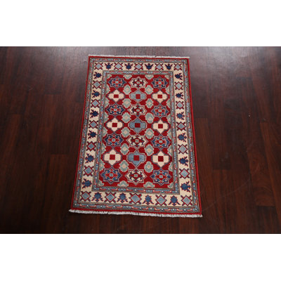 Tapis rouge / beige / bleu en laine noué à la main à motif géométrique 2 pi 8 po x 4 pi