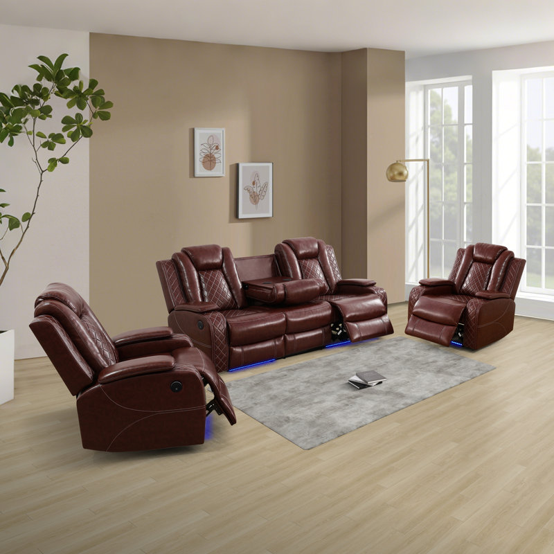 Babala 3-Pieces Breathable Leather Power Reclining Living Room Set, Rouge