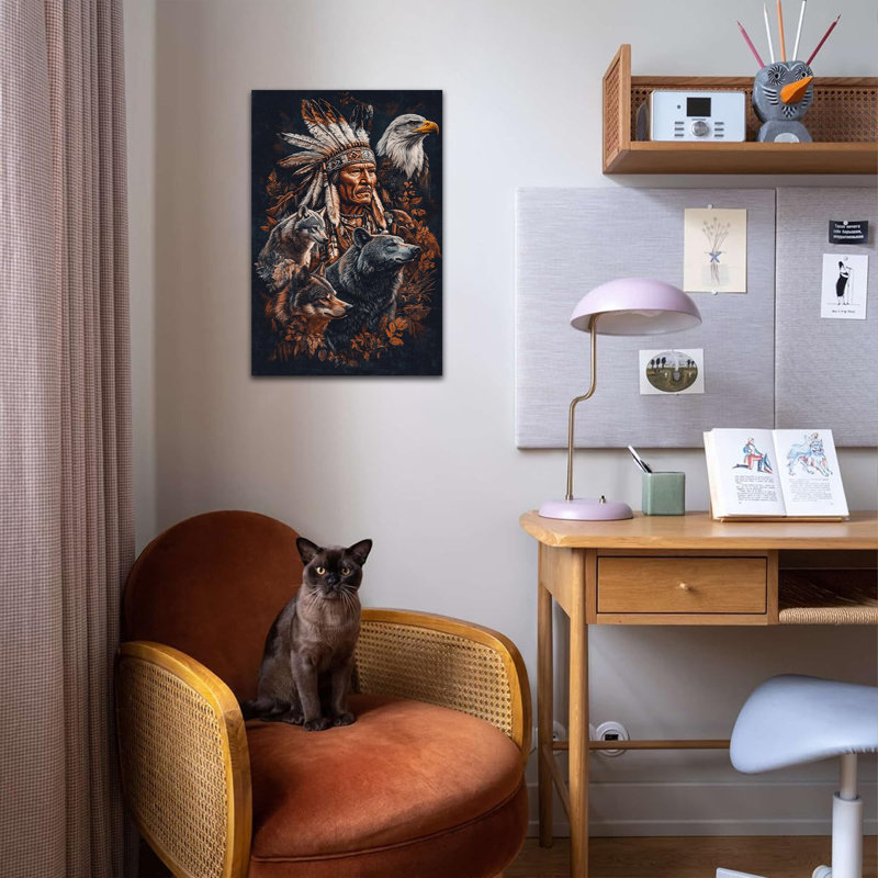 Adric, chef indien coiffe avec loup, aigle, animal, photo, affiche rétro, affiche pour décoration murale occidentale