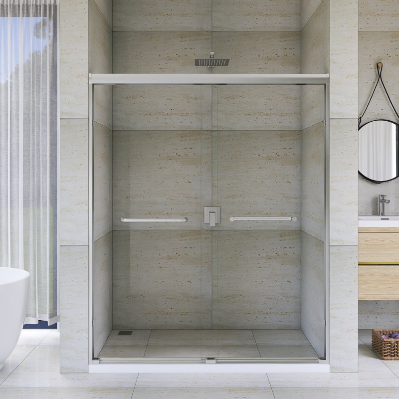 56-60 "W X 72" H Aluminum Frame Double Sliding Shower Door In Brushed Nickel Finish, Brushed Nickel