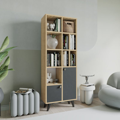 Modern Scandinavian Bookshelf with Wall Mount Option, Anthracite & Oak, 23.6 x 66.9 x 11.8 inches | 100% Melamine Coated Particle Board, 0.7 inches Thick, Durable Plastic Legs | Multiple Shelves for Stylish Storage
