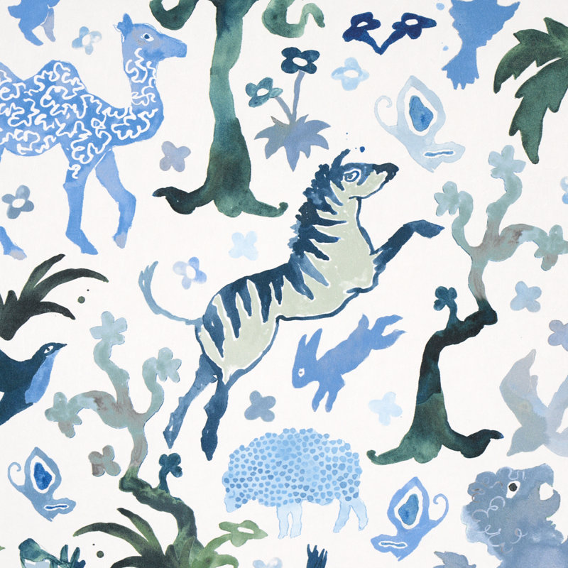 Papier peint Schumacher x Happy Menocal Beasts, Bleu / vert