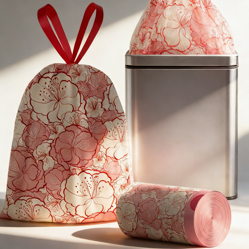 Sacs de poubelle de cuisine extra épais de 13 gallons avec cordon, doublures de poubelle résistantes aux déchirures, motif de fleurs de prunier pour la maison et le bureau, 50 unités